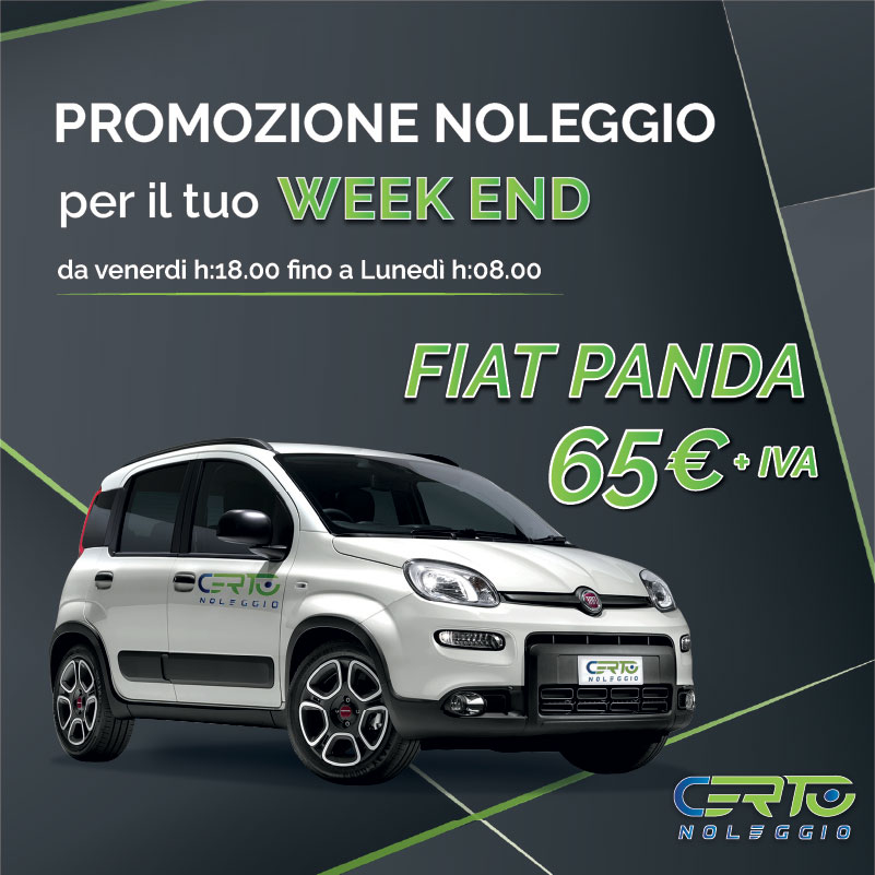 Per tutto il week-end puoi noleggiare una FIAT Panda a 65 € + iva.

Potrai ritirare l'auto il venerdì alle 18,00 e riconsegnarla il lunedì mattina alle 8,00